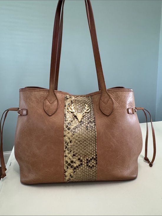 Taxidermy Handbags - Taxidermy Liz Tote. Camel with genuine Python stripe-Medium
